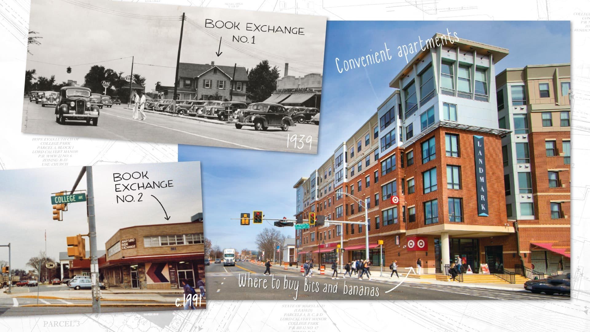 Archival and contemporary pictures of Baltimore Ave and College Ave intersection