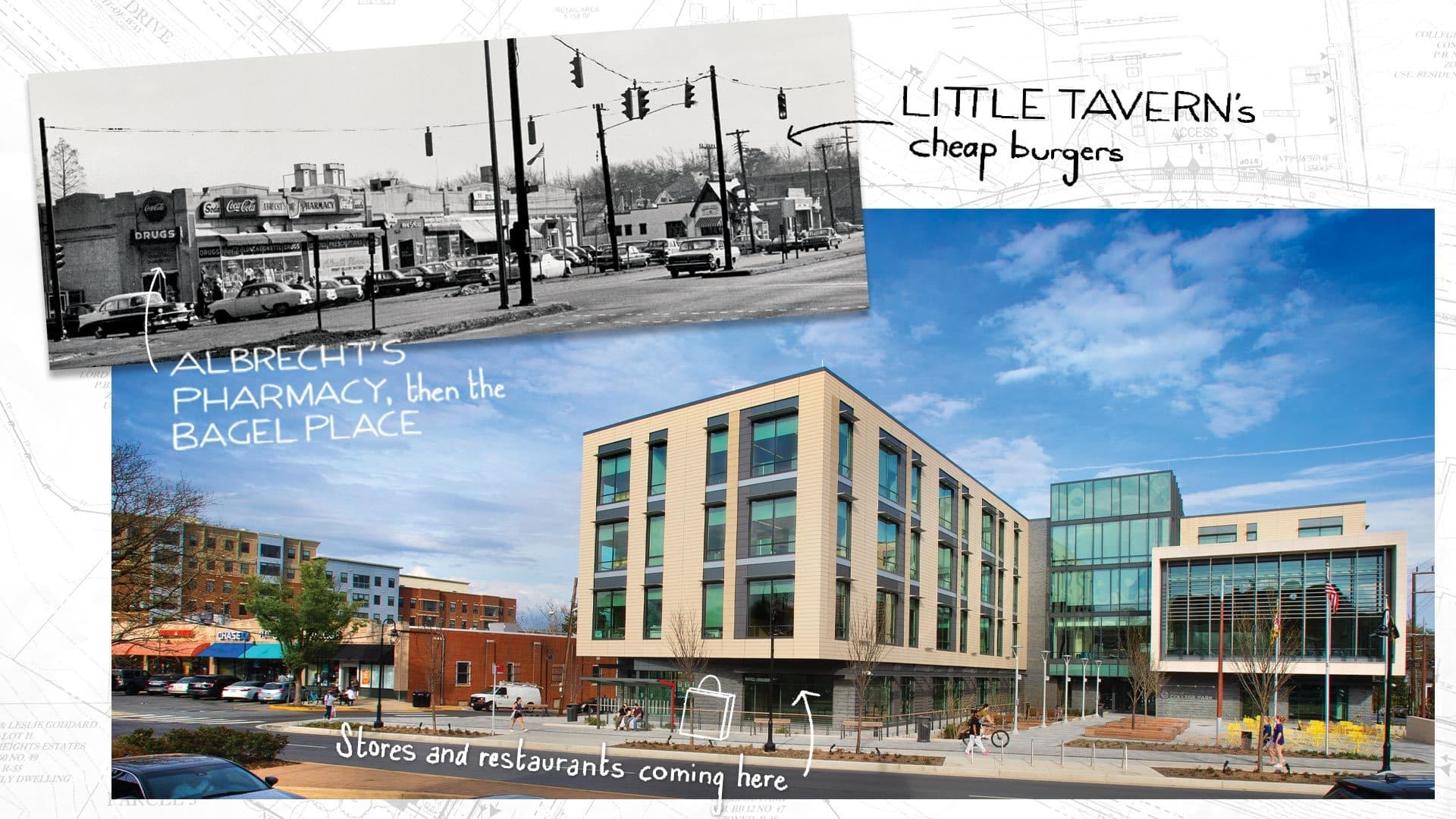 Archival and contemporary photos of intersection where College Park City Hall now sits