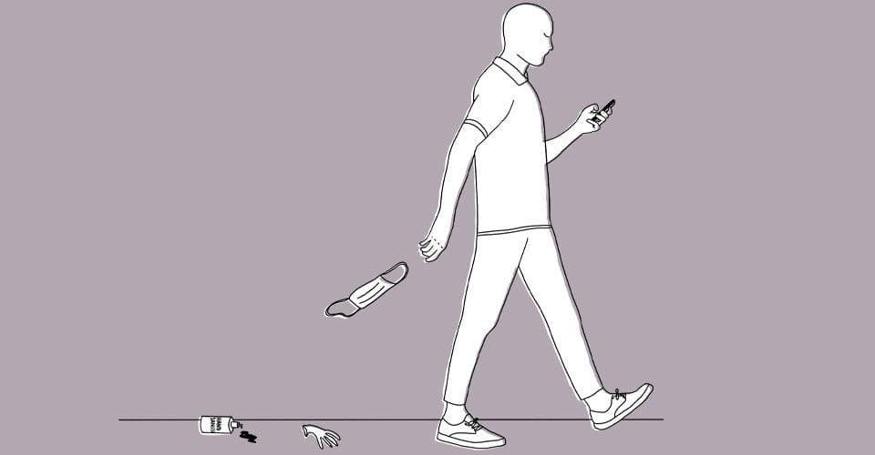 Illustration of person dropped mask behind them as they walk, with sanitizer and glove on the ground behind them