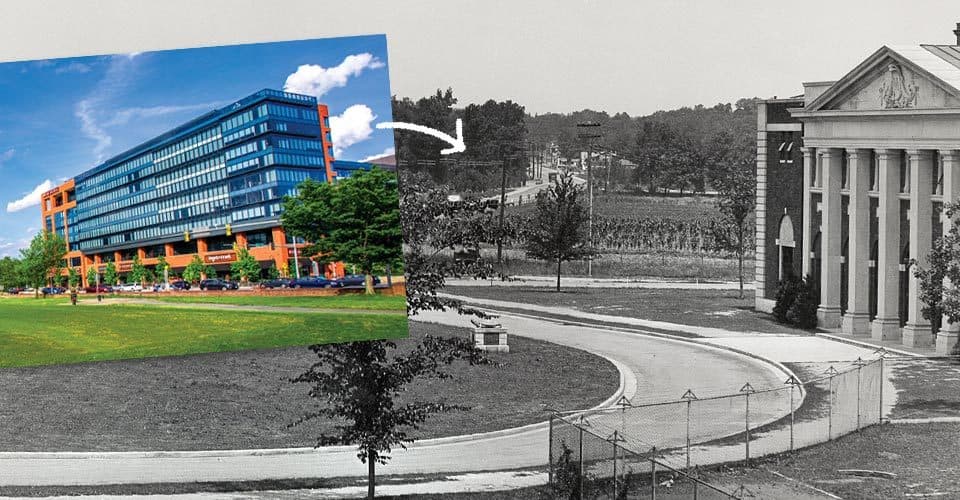 Contemporary photo of the Iribe Center with archival photo of circle drive by Ritchie