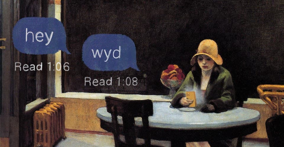 Painting of woman at table with "hey," "wyd" text bubbles