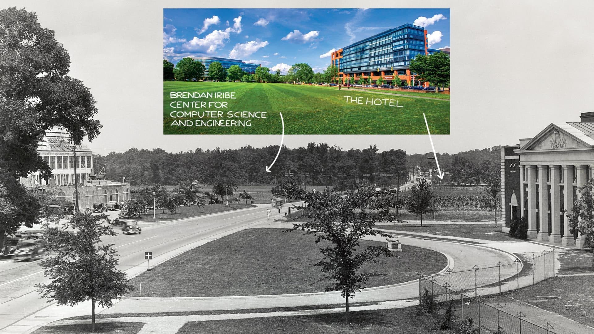Iribe Center and The Hotel on archival photo of circle drive by Ritchie