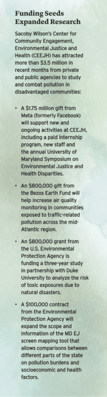 Funding Seeds Expanded Research Sacoby Wilson’s Center for Community Engagement, Environmental Justice and
Health (CEEJH) has attracted more than $3.5 million in recent months from private and public agencies to study and combat pollution in disadvantaged communities.