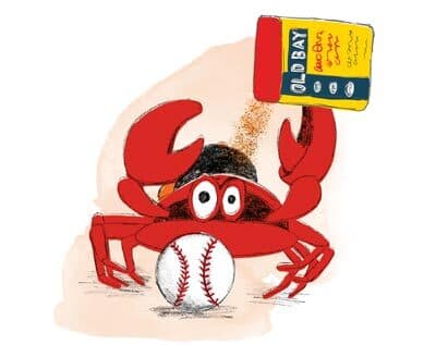 Old Bay-covered crab with baseball