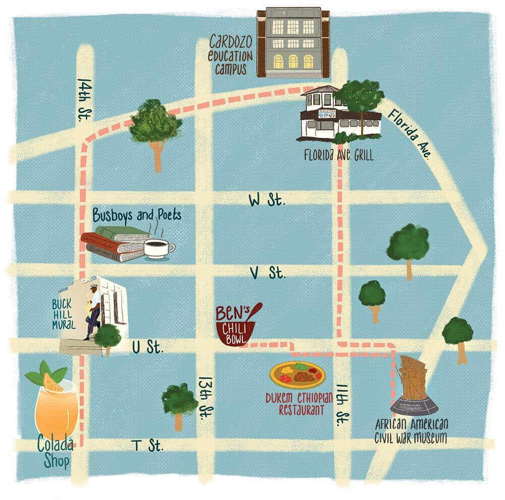 map of D.C. showing restaurants on 14th St., U St., T St., 13th St., W St., V St., 11th St. and Florida Ave.
