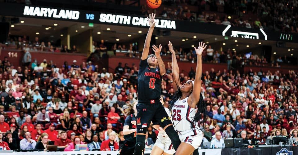 Maryland women's basketball player shoots ball vs. South Carolina