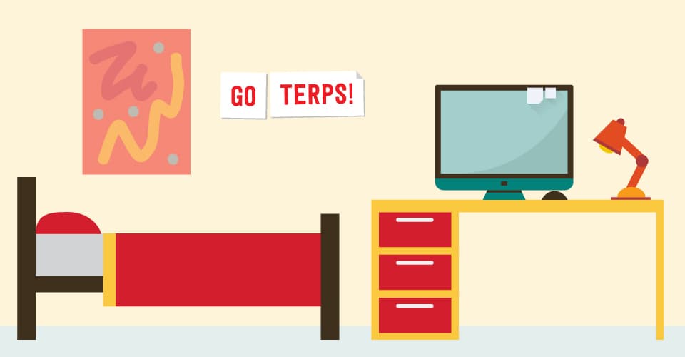 dorm room withbed, desk and "Go Terps!" sign on wall