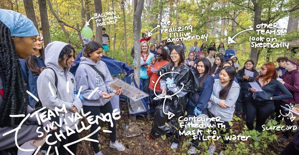 group of students in woods with written doodles: Team Survival Challenge; me, realizing I'll live another day; balloon to signal for help; other teams look on skeptically; container fitted with mask to filter water; scorecard